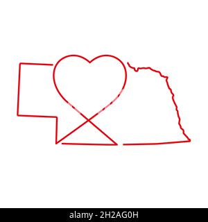 Nebraska US state red outline map with the handwritten heart shape. Continuous line drawing of patriotic home sign. A love for a small homeland. T-shi Stock Vector