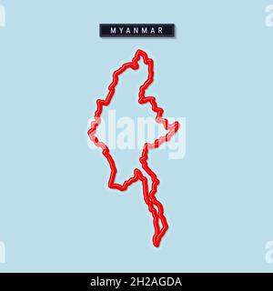 Myanmar bold outline map. Glossy red border with soft shadow. Country name plate. Vector illustration. Stock Vector