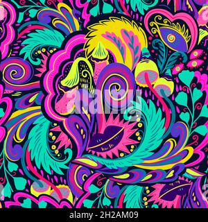 Colorful seamless pattern with crazy psychedelic organic abstract elements, print with plant and mushrooms motifs and bright neon colors  Stock Vector