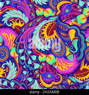 Colorful seamless pattern with crazy psychedelic organic abstract elements, print with plant and mushrooms motifs and bright neon colors  Stock Vector