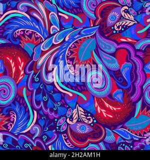 Colorful seamless pattern with crazy psychedelic organic abstract elements, print with plant and mushrooms motifs and bright neon colors  Stock Vector