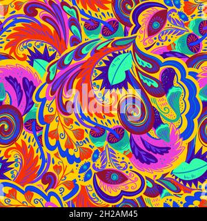 Colorful seamless pattern with crazy psychedelic organic abstract elements, print with plant and mushrooms motifs and bright neon colors  Stock Vector