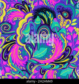 Colorful seamless pattern with crazy psychedelic organic abstract elements, print with plant and mushrooms motifs and bright neon colors  Stock Vector