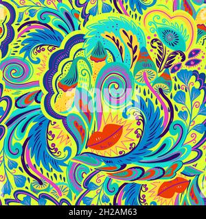 Colorful seamless pattern with crazy psychedelic organic abstract elements, print with plant and mushrooms motifs and bright neon colors  Stock Vector