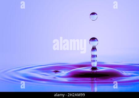 Drop falling on water surface in shades of blue and purple light Stock Photo