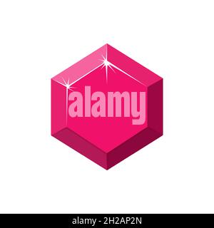 Hexagon red gemstone. Ruby top view. Cartoon vector illustration isolated in white background Stock Vector