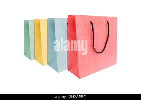 Group of multi colored of paper shopping bags isolated on white background. Stock Photo