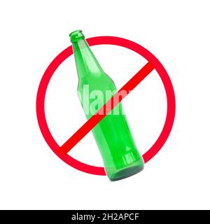 The red circle with slash on the glass bottle of alcohol on white background; concept for stop drinking. Stock Photo