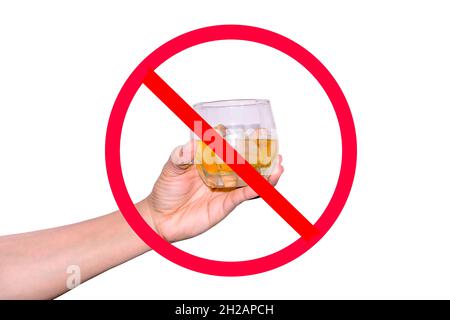 The red circle with slash on woman's hand holding a glass of wine with ices on white background; concept for stop drinking. Stock Photo