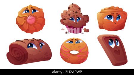 Cute bakery characters, donut, cake, chocolate cookie and roll. Vector cartoon set of funny sweet pastry food, muffin, cinnamon bun and shortbread isolated on white background Stock Vector
