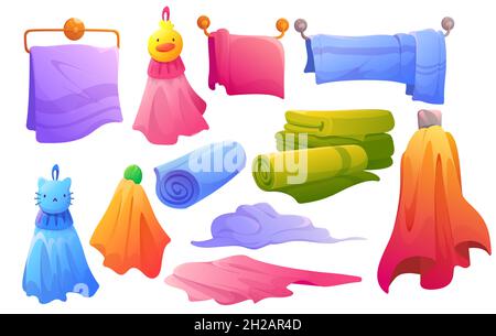 Collection of fabric towels hanging on dryer, lying, in stack and roll. Vector cartoon set of soft cloth towels and textile napkin for bathroom, kitchen and shower isolated on white background Stock Vector