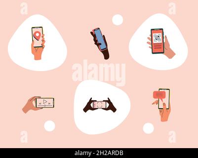 six hands using smartphones Stock Vector