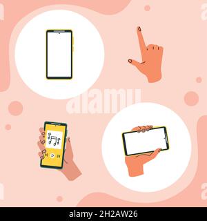 four hands using smartphones Stock Vector