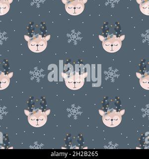 Christmas and New Year symbols deer scandinavian hand drawn seamless pattern. Vector cute print. Digital paper. Design element Stock Vector