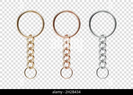 Vector 3d Realistic Metal Golden, Silver Chain Keychain, Ring Icon Set Closeup Isolated. Stainless Steel Chains, Chains Key Holder Design Template Stock Vector