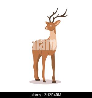 Elegant noble sika deer. Reindeer with antlers on white background. Ruminant mammal animal. Vector illustration in flat cartoon style Stock Vector