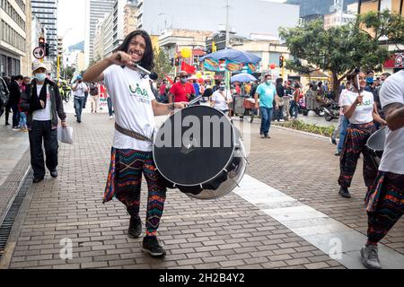 Bogota, Colombia, October 20, 2021. Batucada members participate during a protest against Colombia's government acts and laws in congress. In Bogota, Colombia on October 20, 2021. Stock Photo