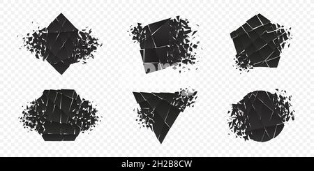 Shape explosion broken and shattered flat style design vector illustration set isolated transparent background. Rhombus, hexagon, triangle, pentagon, Stock Vector