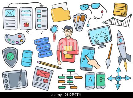 programmer job or jobs profession doodle hand drawn with outline style ...