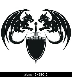 two dragons with sword and shield - Dragon symbol, black and white illustration vector Stock Vector