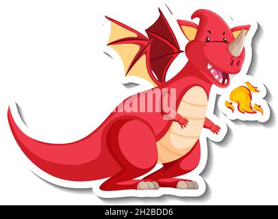 Fire breathing dragon cartoon character sticker illustration Stock Vector