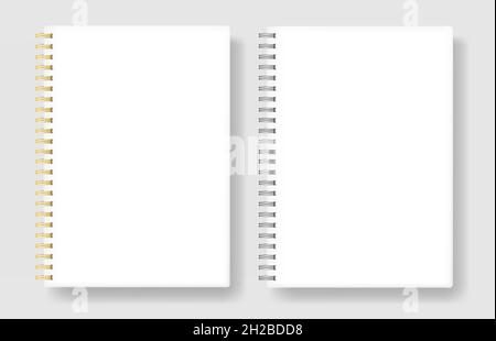 Notebooks with metal spirals of different colors. Layouts for use in advertising. Isolated on a light background. Vector. Stock Vector