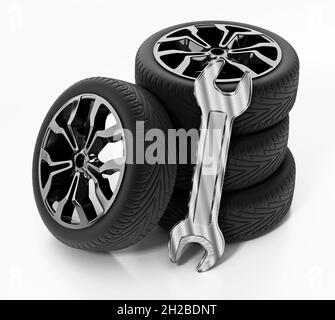 Wrench and tyres isolated on white background. 3D illustration. Stock Photo