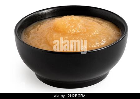 Apple sauce in a black ceramic bowl isolated on white. Stock Photo