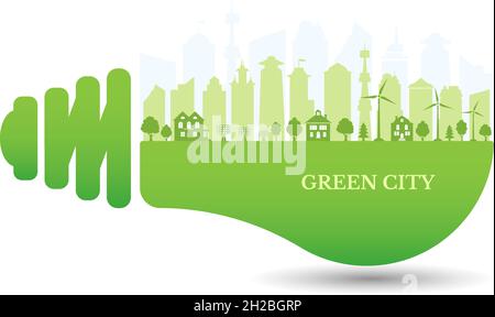 Silhouette green city with renewable energy sources. Ecological city and environment conservation. Green city inside the electric bulb. Vector. Stock Vector