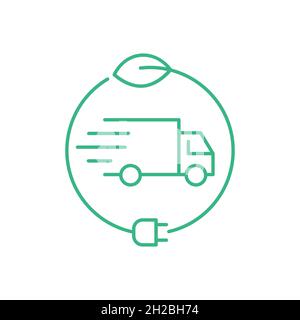 Electric delivery truck. Green transportation vehicle inside circle with leaf and electric plug. Environmental friendly mode of transport. Vector Stock Vector