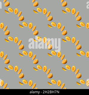 Seamless pattern of sliced flying orange grapefruit isolated on gray background. Cut orange grapefruit in pieces. Levity fruit floating in the air. F Stock Photo