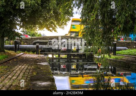 Dublin waterway, Old Lock with a bridge at Royal Canal in Phibsborough, Drumcondra Road and Dorset Street, central Dublin, Ireland. Stock Photo