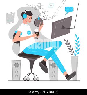 Podcast concept vector. Podcaster speaking in microphone. Radio online studio illustration. Blogger and remote work Stock Vector