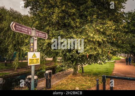 Signs of Royal Canal Way at Old Lock with a bridge at Royal Canal in Phibsborough, Drumcondra Road and Dorset Street, central Dublin, Ireland. Stock Photo