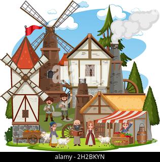 Medieval village with villagers on white background illustration Stock Vector