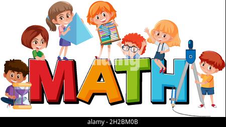 Math font with children holding math tools illustration Stock Vector