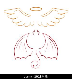Angel sketch wing set vector. Marker hand drawn style of holy creations. Wing, feathers of bird, swan, eagle. Bat, vampire silhouette collection in li Stock Vector