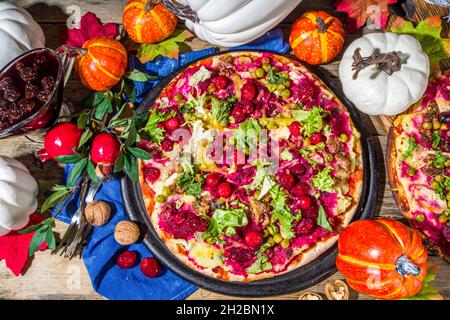 Thanksgiving Leftover Pizza, classic turkey leftover tart or sandwich in form of pizza Stock Photo