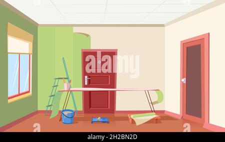 Hallway in house. Wallpaper works. Renovation of room in residential building. Wallpapering. Door and window. Furniture in interior. Illustration cart Stock Vector