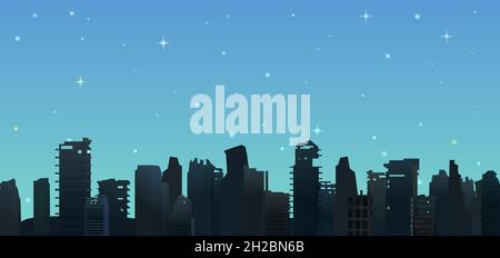Night silhouettes of Ruined city. Apocalypse scene. Armageddon death of civilization in war or environmental disaster. Flat style. Vector. Stock Vector
