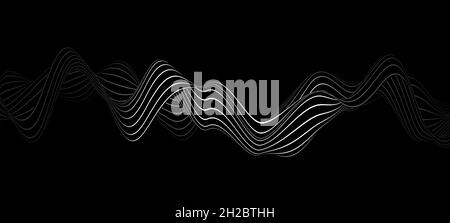 Monochrome 3D waveform structure with stripes, abstract visualization of flowing audio sound waves or voice tune against black background Stock Photo