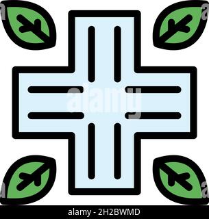 Medical cross and leaves icon. Outline medical cross and leaves vector icon color flat isolated Stock Vector