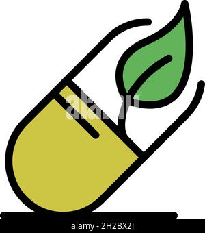 Pill and leaf icon. Outline pill and leaf vector icon color flat isolated Stock Vector