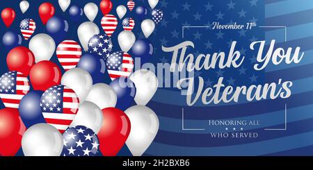 Thank You Veterans phrase and flying balloons on american flag background. Veterans day USA banner, Honoring all who served. Vector illustration Stock Vector