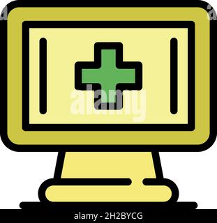 Medical cross on the monitor icon. Outline medical cross on the monitor vector icon color flat isolated Stock Vector