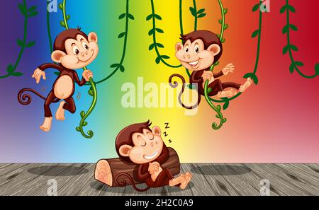 Monkeys hanging on liana on rainbow gradient background illustration Stock Vector