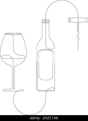 Continuous single drawn one line set of a bottle of wine, a glass and a corkscrew. Hand-drawn picture of a silhouettes. Wine line art collection Stock Vector