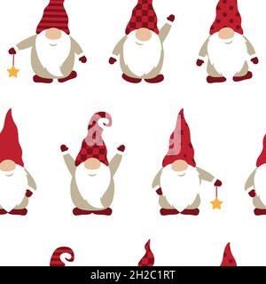 seamless pattern christmas gnome with red hat on white background Stock Vector