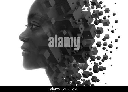 A black and white profile portrait of a woman combined with floating 3D cubes in a double exposure technique. Stock Photo
