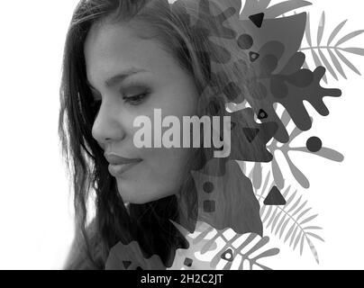 Double exposure portrait of a mixed-race woman combined with digital graphics Stock Photo